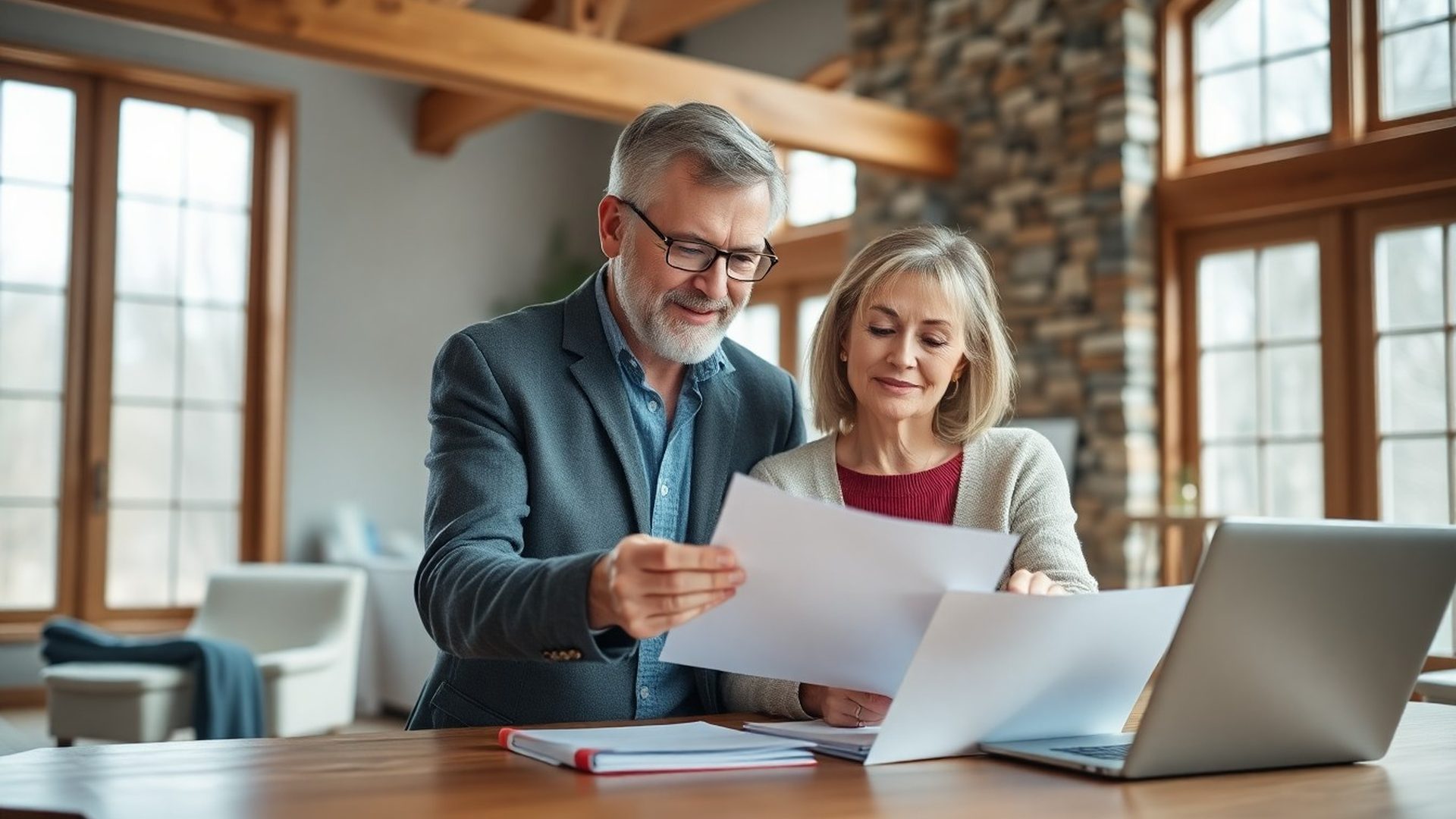 Canadian couple in their late fifties reviewing retirement documents at a bright home office