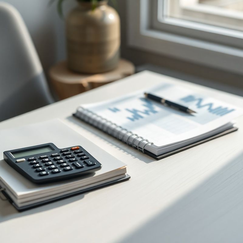 A financial workbook and calculator on a birch desk with indigo-tinted graph printouts