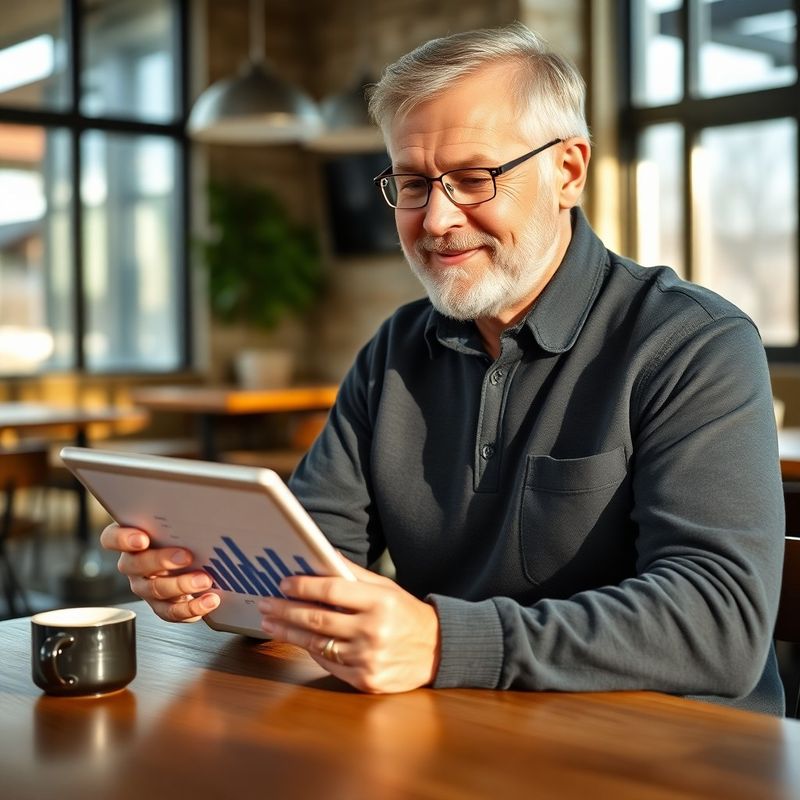 A man in his early sixties reviewing an income projection chart on a tablet in a bright Winnipeg coffee shop