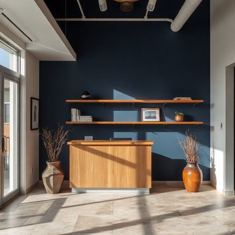 A welcoming Winnipeg office reception area with indigo accent wall and timber shelving