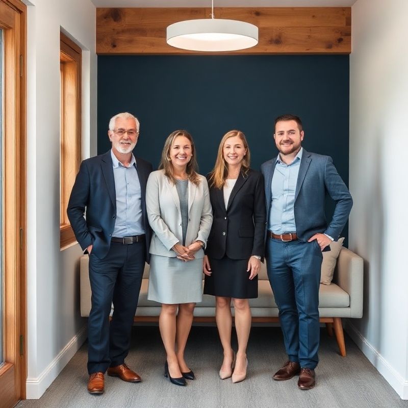 Four Canadian financial planners standing in a bright Winnipeg office with timber accents and an indigo wall