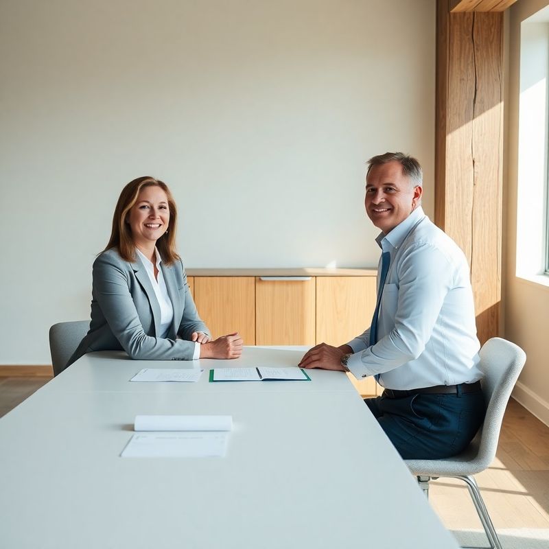 A financial advisor and client meeting at a minimalist Winnipeg office table with indigo stationery