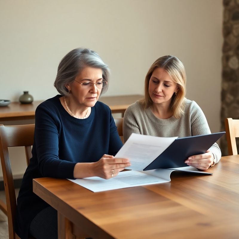 A mother and adult daughter reviewing estate documents at a timber dining table in warm afternoon light
